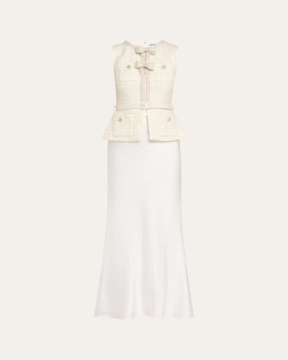 Embellished Boucle Mixed-Media Midi Dress